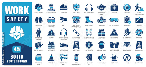 Work Safety Solid Icon Set Features A Professional Collection Of Solid Vector Icons For Workplace Safety, Personal Protective Equipment, Hazard Prevention, Emergency Response, Construction Safety