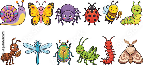 Bild auf Leinwand Cute kawaii garden insects and bugs vector collection featuring smiling butterfl