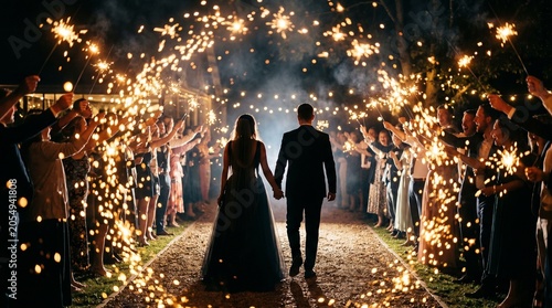 Couple walking through sparkling fireworks at outdoor wedding celebration.