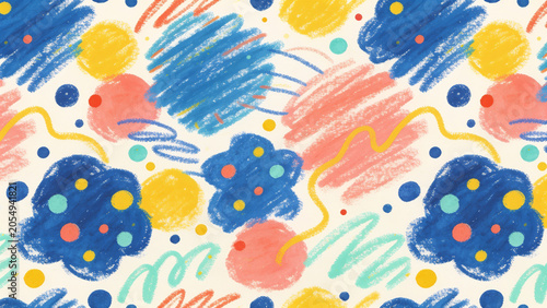 Abstract seamless pattern with colorful crayon scribbles and cute hand drawn shapes