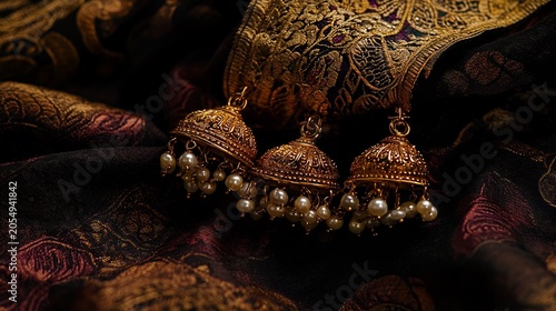 Golden Jhumka Earrings on Embroidered Fabric