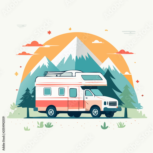 RV Camper Van in Mountains Landscape