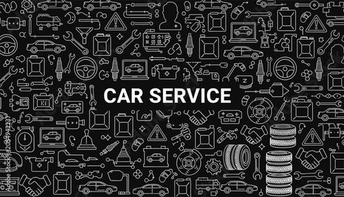 Dense white line art pattern of automotive repair icons on a black background including cars, tools, engines, and car service text.