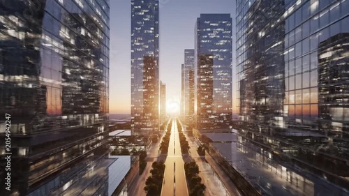 Sun Shining Over Modern Business Center Skyscrapers from Morning to Evening Time Lapse with Dynamic Light and Abstract 3D Animation