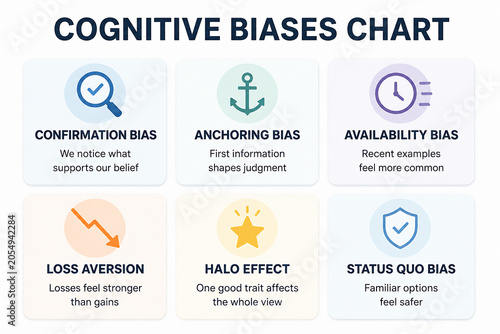 A chart displaying six cognitive biases: Confirmation, Anchoring, Availability, Loss Aversion, Halo Effect, and Status Quo Bias.