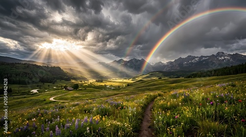 Rainbow over mountains and green field landscape