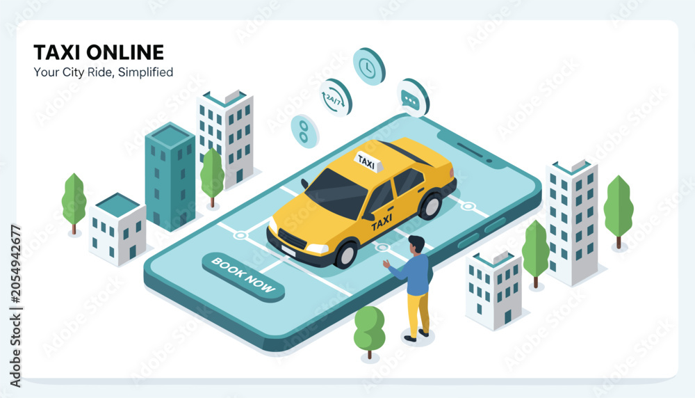 Naklejka premium Digital transport concept showing a person booking a yellow taxi on a giant smartphone screen in a city landscape with tall buildings.
