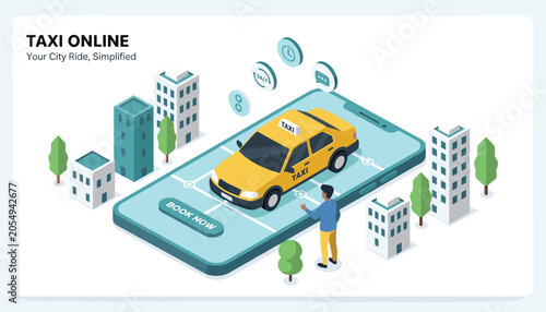 Digital transport concept showing a person booking a yellow taxi on a giant smartphone screen in a city landscape with tall buildings.