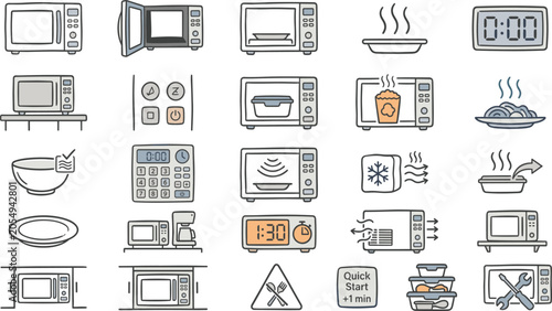 Tableau sur toile Microwave Oven and Kitchen Appliance Icon Set Featuring Cooking Functions Digita