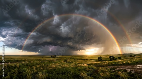 Rainbow over green fields with clouds in the sky and colorful natural landscape of meadow and rain and sunlight