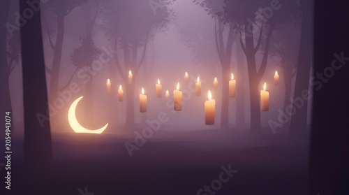 Mystical forest, moonlit candles, foggy landscape, eerie ambiance, night scenery