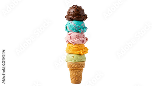Schilderij op canvas Towering stack of five colorful ice cream scoops in waffle cone, isolated on tra