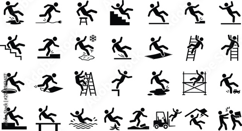 Fotografie Slipping tripping and falling stick figure pictogram icon set representing workp