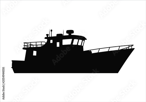 Black silhouette of a motor boat yacht vessel isolated as a simple icon graphic design element for nautical and maritime themes and marine transportation concepts