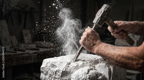 Skilled stonemason carving rock with chisel and mallet.