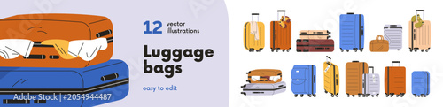 Luggage, travel bags packed for trip set. Trolley suitcases with handles and ...