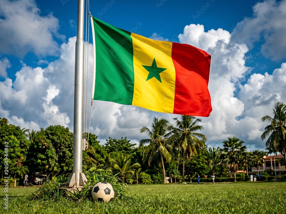 Fototapeta premium Senegal flag waving with soccer ball