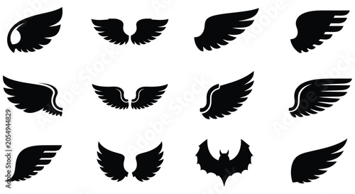 Fotografija Black Wing Silhouettes Collection Of Feathered Wing Shapes Vector Illustration