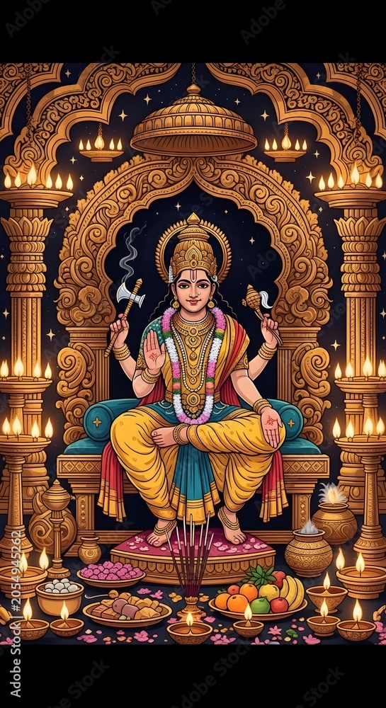 Fototapeta premium Hindu goddess lakshmi in a golden temple with candles and offerings