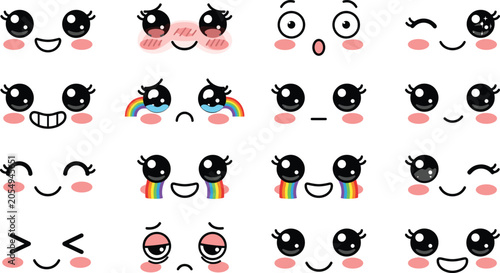 Cute kawaii anime face expression vector set featuring happy blushing crying rainbow tears winking and shocked manga eyes isolated on white background