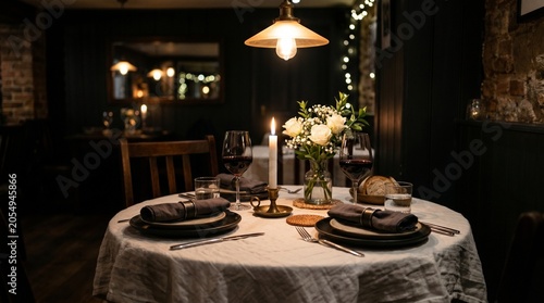 Elegant dinner table setting with candlelight and flowers in a rustic room.
