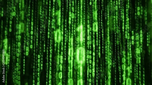 Green binary code streaming down in vertical columns on dark background