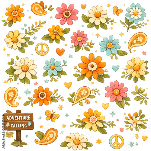 retro floral pattern, peace symbols, peace sign pattern, floral pattern, retro flowers, flower power, 70s style, hippie aesthetic, vintage floral, seamless pattern, groovy design, psychedelic flowers,