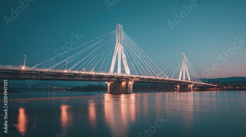Modern bridge over water at night