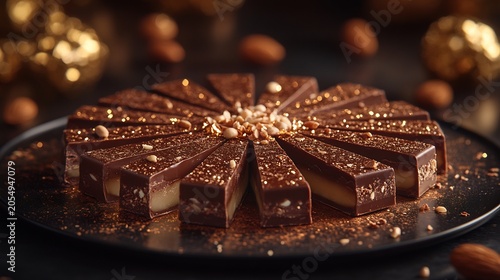 Chocolate Cake Slices on Black Plate with Nuts and Gold Decorations