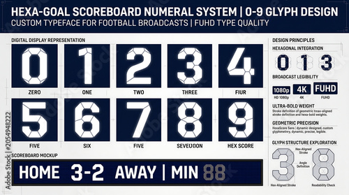 Clean sports match scoreboard panel screen interface design template displaying digital clock scores statistics