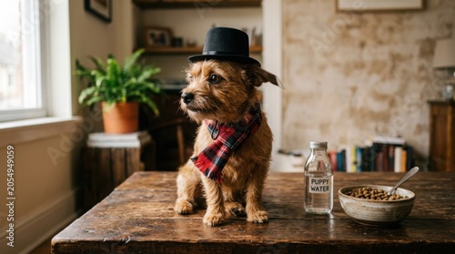 Cute small dog wearing a black hat and scarf sitting on a wooden table illustration