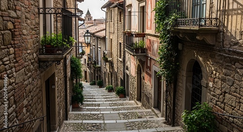 Narrow stone alleyway with steps in a historic european village