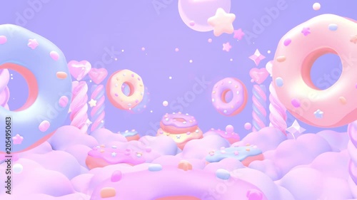 Flying through colorful donuts and heart pillars above clouds animation. (loop)