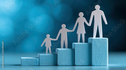 Paper family figures standing on ascending blue blocks with soft bokeh lighting and sharp focus for financial planning and insurance marketing