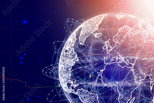 Digital global network with connected world map, data streams and communication links on futuristic background. Global connectivity, cloud computing, big data, fintech and technology concept.