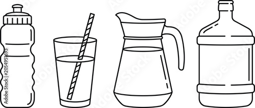 Tableau sur toile Water Container Line Art Icon Set with Sports Bottle, Glass with Straw, Pitcher,