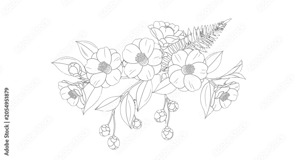Fototapeta premium Delicate Hand Drawn Floral Arrangement with Butterfly.
