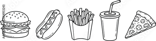 Quadro em tela Fast Food Icon Set with Hamburger Hot Dog French Fries Soda Cup and Pizza Slice