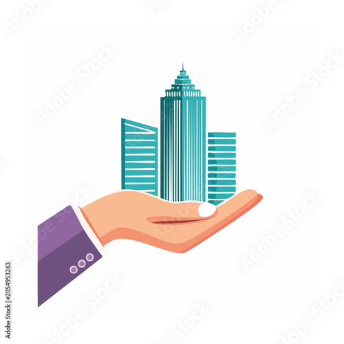 Hand Holding Skyscraper Flat Illustration