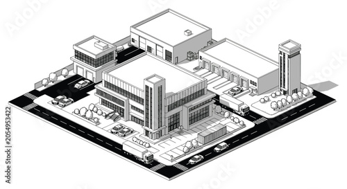 Valokuva Detailed isometric vector illustration of a contemporary industrial facility featuring rooftop machinery and communication antennas