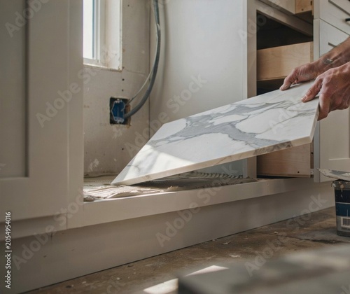 Worker Installing Marble Countertop in Modern Kitchen During Home Renovation
