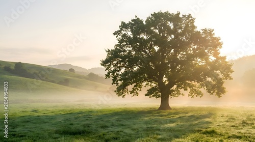 Serene landscape, green tree, misty hills, sunrise