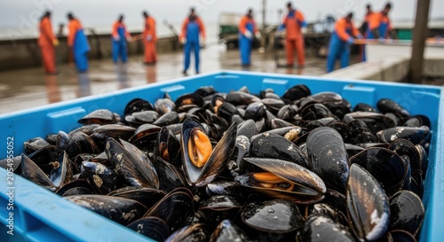 Fresh Harvested Mussels in Blue Crate with Fishermen Working in Background on a Commercial Fishing Boat