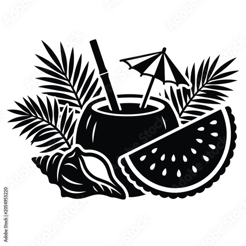 Tropical summer vacation silhouette vector concept, coconut cocktail with watermelon slice and seashell