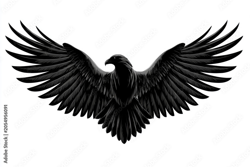 Fototapeta premium Black eagle spreading wings on white background in sharp focus macro shot for patriotic branding and identity design