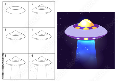 Step-by-step instructions on how to draw a spaceship. Tutorial for children, drawing a cartoon object lesson. Alien invasion, vector drawing.
