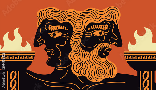 Fotografija janus roman god with two faces between blazing torches
