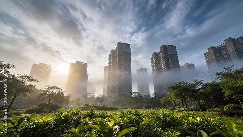 City buildings emerging from morning fog with sunlight and green foreground trees