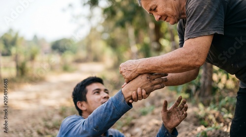 Man helping another man up outdoors.