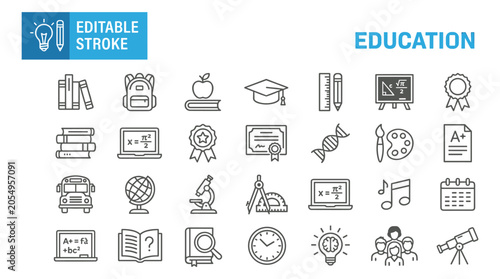 Collection of minimalist line art education icons with editable strokes featuring school supplies and learning tools.